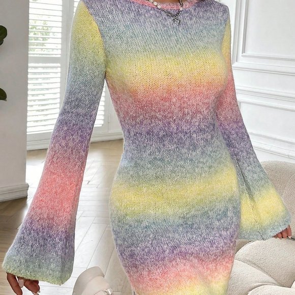 Multicolor Casual Womens Ombre Backless Flounce Sleeve Sweater Dress - Picture 4 of 5